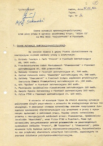 1980 grudzień 15, Radom – Ocena sytuacji operacyjno-politycznej oraz plan pracy w sprawie obiektowej krypt. „Sezam II” na MKZ NSZZ „Solidarność” w Pionkach. #1