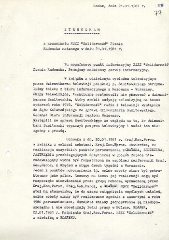 1981 styczeń 21, Radom – Stenogram z komunikatu NSZZ „Solidarność” Ziemia Radomska nadanego w dniu 21.01.1981 r. #7