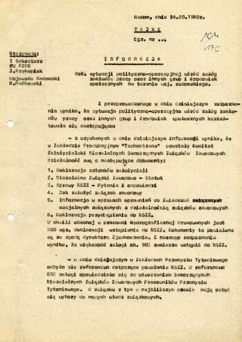 1980 wrzesień 24, Radom – Informacja dot. sytuacji polityczno-operacyjnej wśród załóg zakładów pracy oraz innych grup i środowisk społecznych na terenie woj. radomskiego. #1