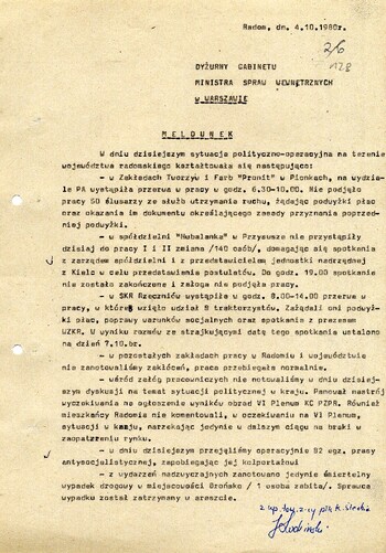 1980 październik 4, Radom – Meldunek dla dyżurnego Gabinetu Ministra Spraw Wewnętrznych w Warszawie dot. sytuacji na terenie woj. radomskiego.