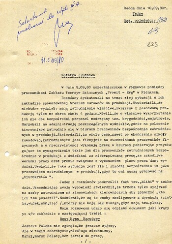 1980 wrzesień 10, Radom – Notatka służbowa mł. inspektora Wydziału „T” KWMO w Radomiu st. szer. Zbigniewa Morgasia. #1