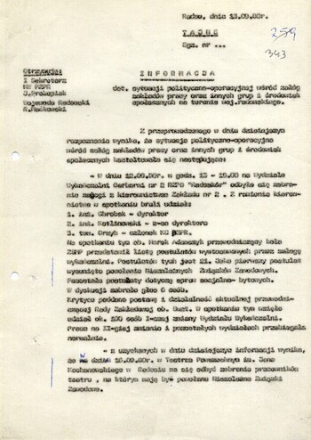 1980 wrzesień 13, Radom – Informacja dot. sytuacji polityczno-operacyjnej wśród załóg zakładów pracy oraz innych grup i środowisk społecznych na terenie woj. radomskiego. #1