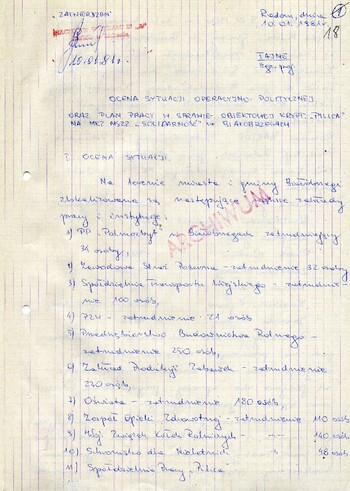 1981 styczeń 10, Radom – Ocena sytuacji operacyjno-politycznej oraz plan pracy w sprawie obiektowej krypt. „Pilica” na MKZ NSZZ „Solidarność” w Białobrzegach. #6