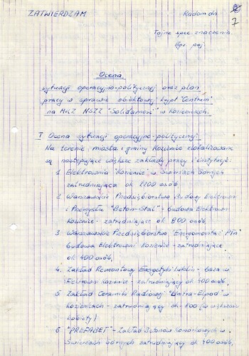 [1981], Radom – Ocena sytuacji operacyjno-politycznej oraz plan pracy w sprawie krypt. „Centrum” na MKZ NSZZ „Solidarność” w Kozienicach. #9