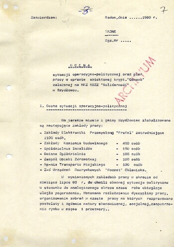 [1980], Radom – Ocena sytuacji operacyjno-politycznej oraz plan pracy w sprawie obiektowej krypt. „Odnowa” założonej na MKZ NSZZ „Solidarność” w Szydłowcu. #6
