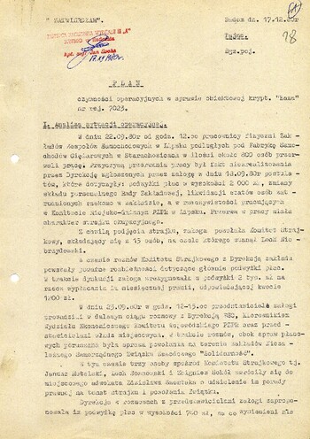 1980 grudzień 17, Radom – Plan czynności operacyjnych w sprawie obiektowej krypt. „Baza” założonej na MKZ NSZZ „Solidarność” w Lipsku. #5