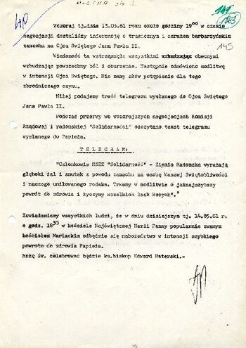 1981 maj 14, Radom – Ulotka MKZ NSZZ „Solidarność” Ziemia Radomska – odpis oświadczenia uczestników spotkania rzeczników prasowych NSZZ „Solidarność” w Radomiu na temat przebiegu negocjacji w dniu 13 maja 1981 r., na odwrocie informacja MKZ NSZZ „Solidarn