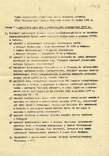 1981 marzec 12, Radom – Wykaz postulatów uchwalonych przez Plenarne Zebranie NSZZ „Solidarność” Ziemia Radomska (kopia). #3