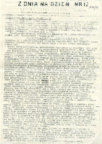 1981 grudzień 4, Radom – Czasopismo: „Z dnia na dzień. Serwis Informacyjny MKR NSZZ „Solidarność” Ziemia Radomska”, nr 12.
