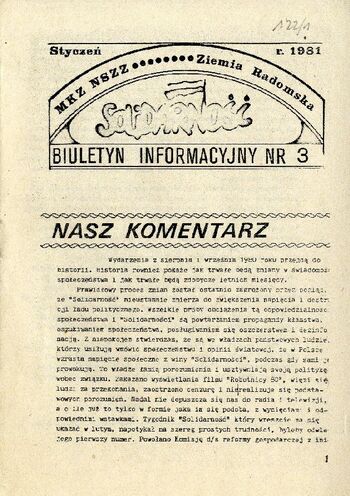 1981 styczeń, Radom - Czasopismo: „Biuletyn Informacyjny MKZ NSZZ „Solidarność” Ziemia Radomska”, nr 3.