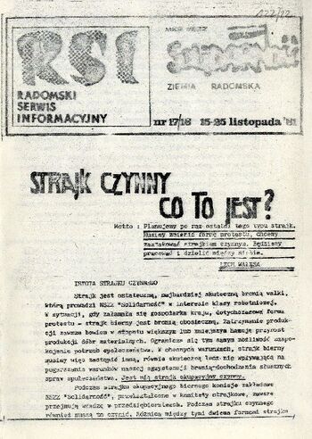1981 listopad 15-25, Radom – Czasopismo: „Radomski Serwis Informacyjny MKR NSZZ „Solidarność” Ziemia Radomska”, nr 17/18.