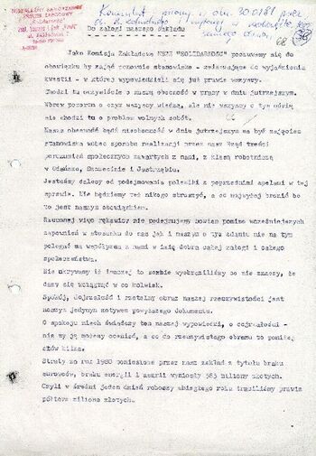 [1981 styczeń 30], Pionki – Komunikat Komisji Zakładowej NSZZ „Solidarność” ZTiF „Pronit” w Pionkach dot. wolnych sobót. #3