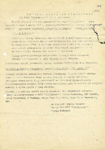 1981 marzec 6, Radom – Uchwała zebrania plenarnego MKZ NSZZ „Solidarność” Ziemia Radomska w sprawie ogłoszenia gotowości strajkowej (odpis).