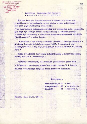 1981 marzec 24, Pionki – Komunikat Prezydium ZKZ [NSZZ „Solidarność” przy ZTiF] „Pronit” [w Pionkach].