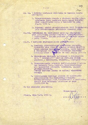1980 listopad 4, Pionki – Protokół z posiedzenia Zakładowego Komitetu Założycielskiego NSZZ „Solidarność” przy ZTiF „Pronit” w Pionkach.