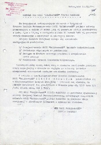 1981 marzec 25, Radom – Uchwała MKZ NSZZ „Solidarność” Ziemia Radomska w sprawie generalnego strajku ostrzegawczego w dniu 27 marca 1981 r. i generalnego strajku okupacyjnego w dniu 31 marca 1981 r. (kopia).