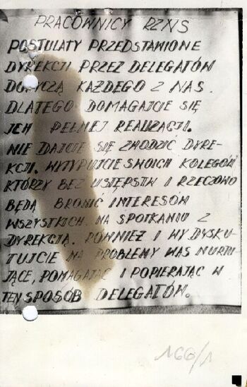 [1980 wrzesień], Radom – Fotokopia ulotki dot. postulatów załogi Radomskich Zakładów Naprawy Samochodów w Radomiu.