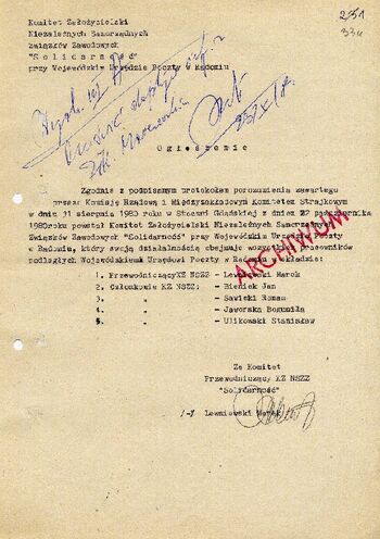 1980 październik 22, Radom – Ogłoszenie o powstaniu Komitetu Założycielskiego NSZZ „Solidarność” przy Wojewódzkim Urzędzie Poczty w Radomiu.