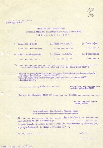 [1980 (?)] – Druk: Deklaracja członkowska Niezależnego Związku Zawodowego „Solidarność”.