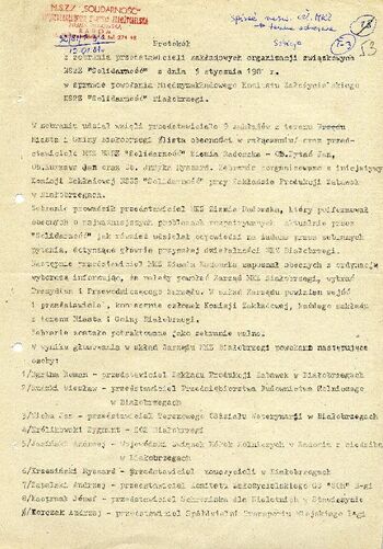 1981 styczeń 5, Białobrzegi – Protokół z zebrania przedstawicieli zakładowych organizacji związkowych NSZZ „Solidarność” w sprawie powołania MKZ NSZZ „Solidarność” w Białobrzegach.