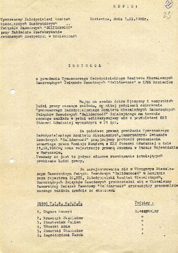 1980 listopad 3, Kozienice – Protokół z powołania Tymczasowego Założycielskiego Komitetu NSZZ „Solidarność” w Zakładzie Prefabrykatów Betonowych Energetyki w Kozienicach (odpis).