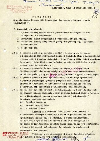 1981 kwiecień 14, Kozienice – Protokół z posiedzenia Plenum MKZ NSZZ „Solidarność” w Kozienicach