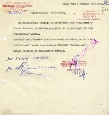 1980 grudzień 6, Radom – Potwierdzenie rejestracji MKZ NSZZ „Solidarność” Warka w MKZ NSZZ „Solidarność” Ziemia Radomska.