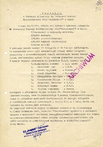 1981 kwiecień 24, Warka – Protokół z zebrania wyborczego do Terenowej Komisji Koordynacyjnej NSZZ „Solidarność” w Warce.