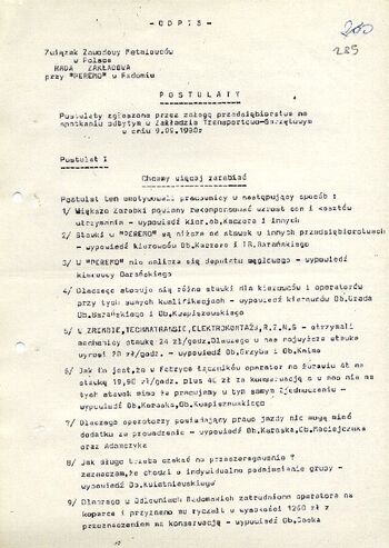 1980 wrzesień 9, Radom – Postulaty Związku Zawodowego Metalowców w Polsce Rady Zakładowej przy „Peremo” w Radomiu (odpis). #4