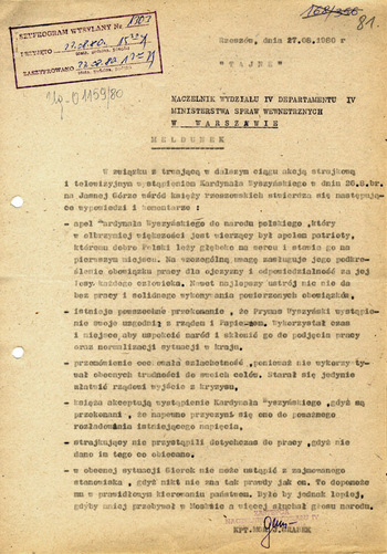 KWMO w Rzeszowie. Informacje do MSW za okres 01.07.1980 – 30.12.1980 r.
