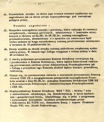 Zbiór W. Moczulskiego. Dokumenty porozumień pomiędzy Międzyzakładowym Komitetem Strajkowym a Kierownictwem Administracyjnym i Politycznym WSK „PZL Mielec” z 1980 r.