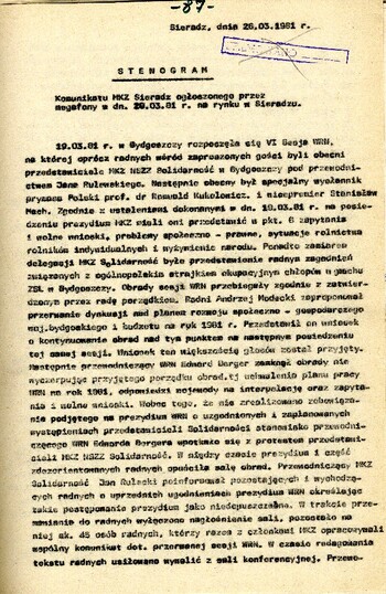 Stenogram komunikatu MKZ Sieradz ogłoszonego przez megafony w dn. 20.03.1981 r.