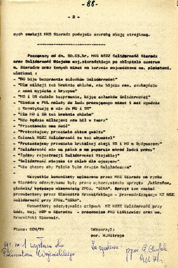 Stenogram komunikatu MKZ Sieradz ogłoszonego przez megafony w dn. 20.03.1981 r.