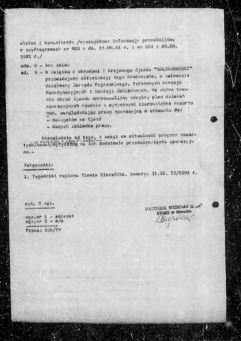 Analiza dotycząca ochrony NSZZ ''Solidarność'' na terenie woj. sieradzkiego w lipcu 1981