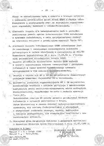 Plan Działania "Zespołu d/s zabezpieczenia ładu i porządku publicznego powołanego zarządzeniem Komendanta Wojewódzkiego MO w Katowicach Nr 035/80 z dnia 17.08.1980 r. w sprawie operacji 'LATO-80'" #7