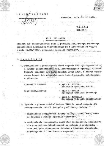 Plan Działania "Zespołu d/s zabezpieczenia ładu i porządku publicznego powołanego zarządzeniem Komendanta Wojewódzkiego MO w Katowicach Nr 035/80 z dnia 17.08.1980 r. w sprawie operacji 'LATO-80'" #21