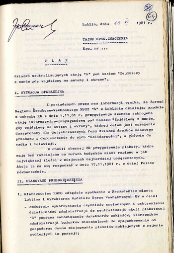 Plan działań neutralizujących akcję „S”, [prowadzoną] pod hasłem „Zejdziemy z murów, gdy wejdziemy na anteny i ekrany” z 16 listopada 1981 r. #1