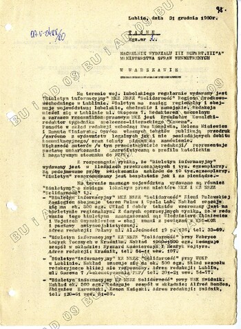 Informacja z dnia 31 grudnia 1980 r. na temat „Biuletynów Informacyjnych” Regionu Środkowo-Wschodniego i lokalnych