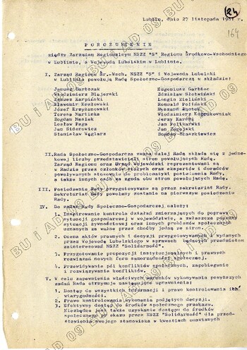 Porozumienie z dnia 27 listopada 1981 r. między Zarządem Regionalnym NSZZ „S” Regionu Środkowo-Wschodniego w Lublinie a wojewodą lubelskim #1