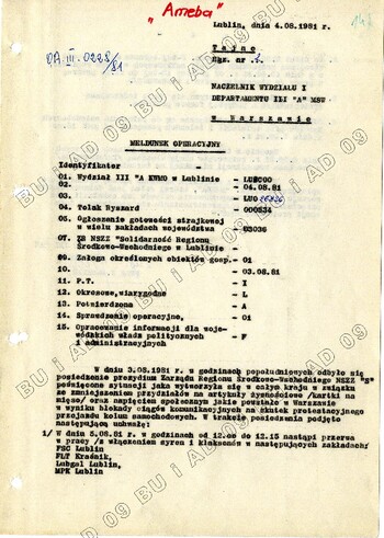 Meldunek operacyjny z dnia 4 sierpnia 1981 r. w sprawie posiedzenia Prezydium Zarządu Regionu Środkowo-Wschodniego NSZZ „S” (3 sierpnia 1981 r.) #1