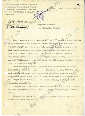 Pismo MKZ NSZZ „S” Regionu Środkowo-Wschodniego z dn. 1 października 1980 r. do wojewody lubelskiego w sprawie mającego się odbyć godzinnego strajku ostrzegawczego