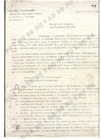 Postulaty MKZ NSZZ „S” Regionu Środkowo-Wschodniego do wojewody lubelskiego w sprawie doprecyzowania delegacji członków MKZ #1