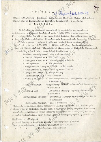 Uchwała Komitetu Założycielskiego Międzyzakładowego Środkowo-Wschodniego Regionu Niezależnych Samorządnych Związków Zawodowych w Lublinie – skład Komitetu #1