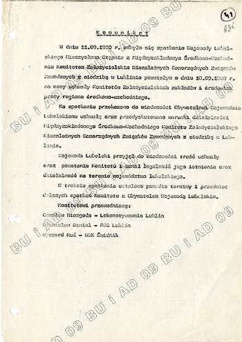 Komunikat o spotkaniu Komitetu Założycielskiego NSZZ „S” w dnia 11 września 1980 r. z wojewodą lubelskim