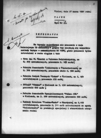 Informacja z dnia 27.03.1981 roku, dotycząca liczby strajkujących zakładów