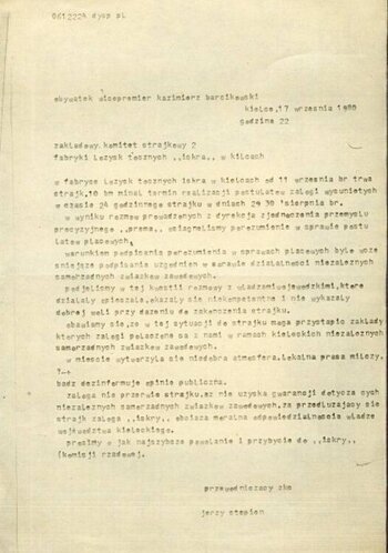 Informacja o przyczynach, przebiegu i okolicznościach strajku w Fabryce Łożysk Tocznych „Iskra” w Kielcach we wrześniu 1980 roku. Ze zbiorów Juliusza Brauna