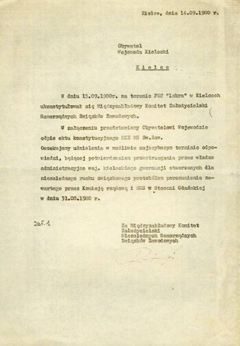 Informacja o powstaniu 13 września 1980 roku w Kielcach Międzyzakładowego Komitetu Założycielskiego Niezależnych Samorządnych Związków Zawodowych. Ze zbiorów Juliusza Brauna
