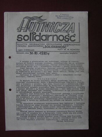 Hutnicza Solidarność: Biuletyn Informacyjny Niezależnego Samorządnego Związku Zawodowego „Solidarność”, Huty im. M. Nowotki w Ostrowcu Świętokrzyskim z 30.10.1980 roku. Ze zbiorów Biblioteki Głównej Uniwersytetu Jana Kochanowskiego w K