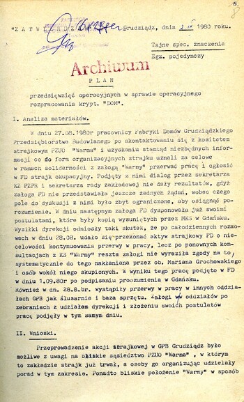 Plan przedsięwzięć operacyjnych kryptonim „Dom” dotyczącej zorganizowania strajku w Fabryce Domów w Grudziądzu w dniu 27.08.1980 r. #4