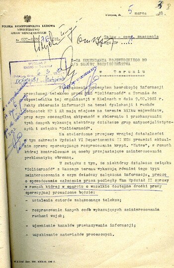 Pismo z dnia 05.03.1981 r. informujące o wzmożonym zainteresowaniu dyslokacją wojsk polskich i radzieckich.